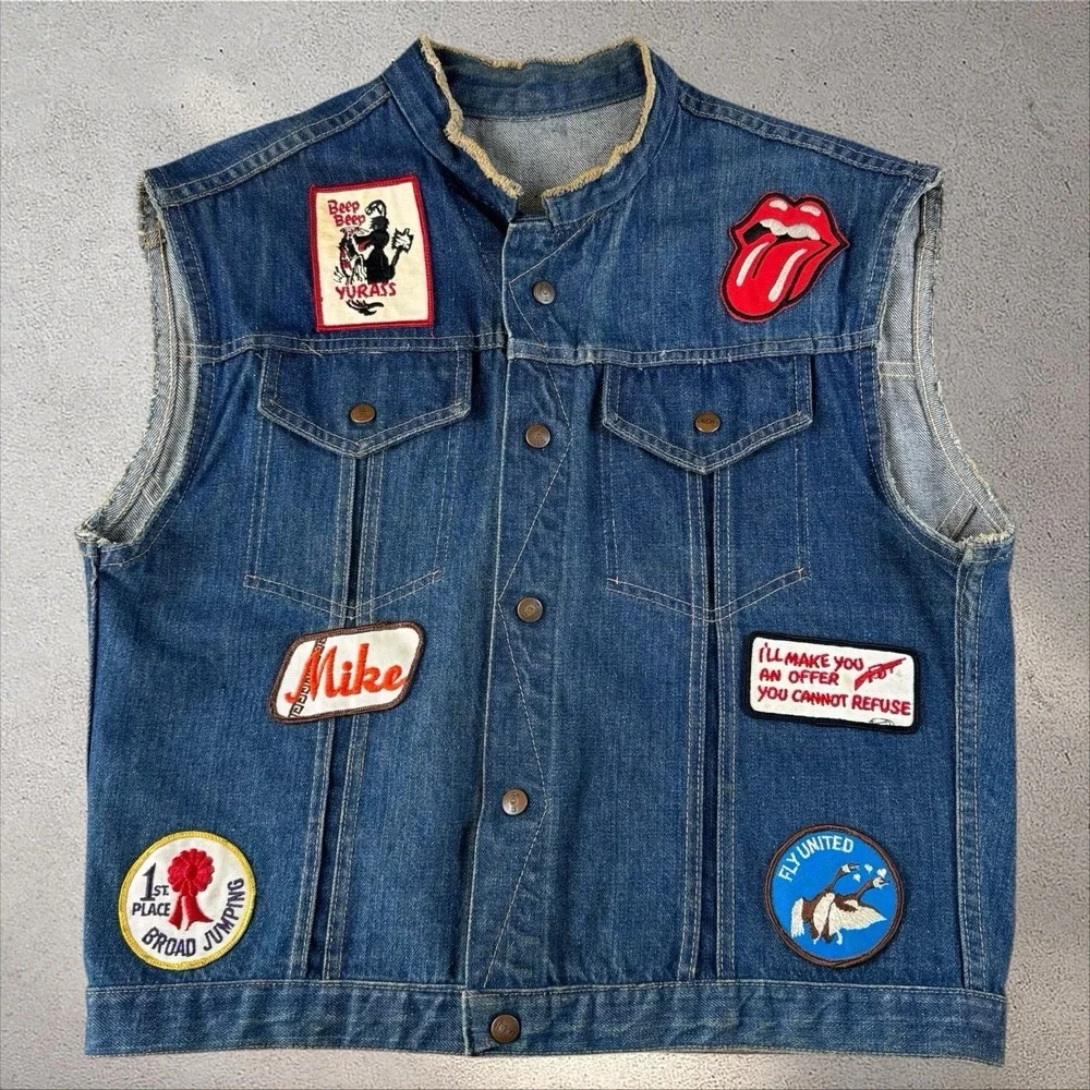 Vintage 70s Gauchos Denim Biker Vest Norton Motorcycle Patches Hippie Union Made - Picture 2 of 7